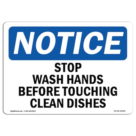 Signmission OSHA Sign, Stop Wash Hands Before Touching Clean Dishes, 5in X 3.5in Decal, 3.5" W, 5" L, Landscape OS-NS-D-35-L-18488